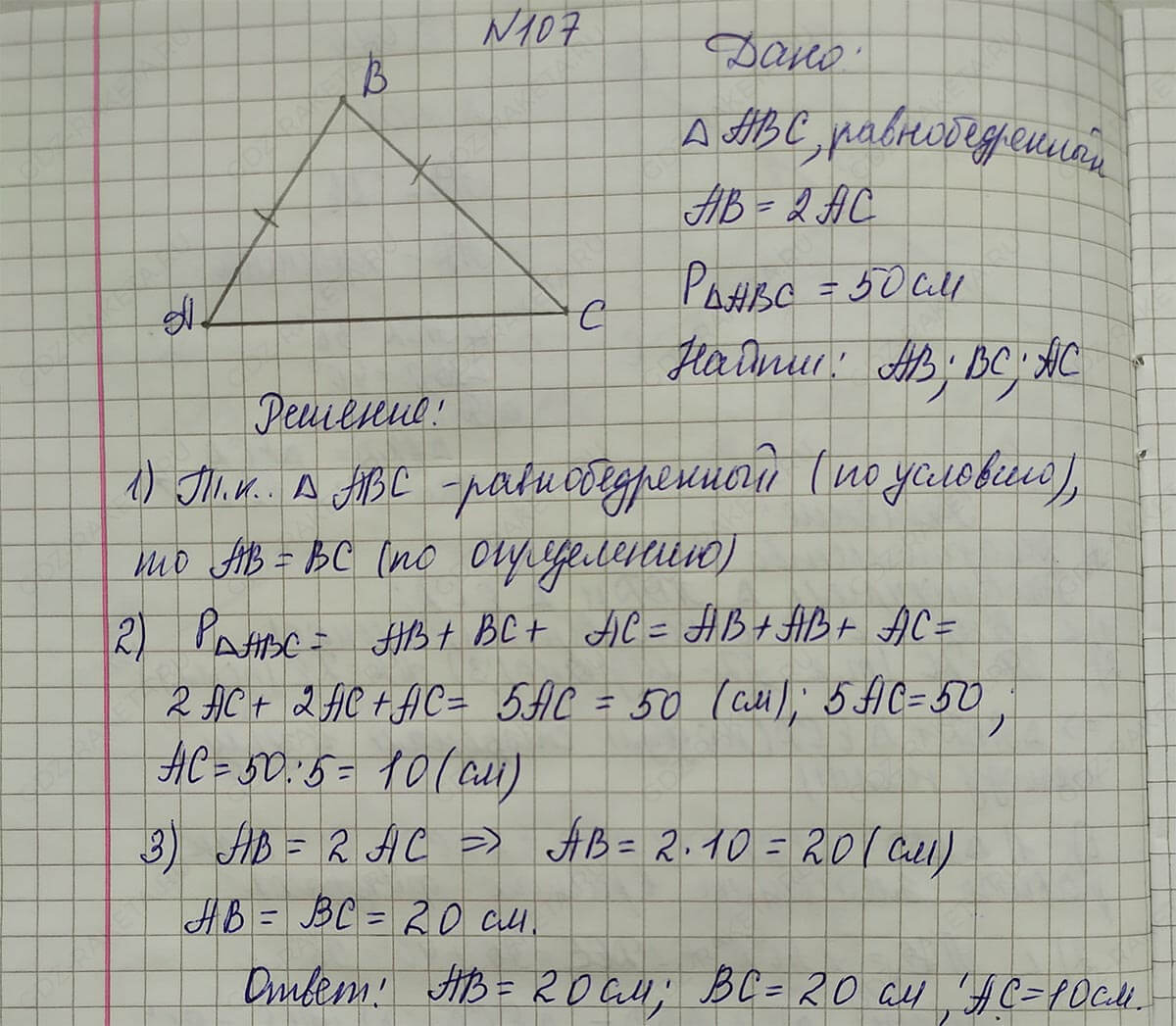 Ответ к учебнику по геометрии 7 класс Атанасян, Бутузов, Кадомцев, Позняк, Юдин номер 107